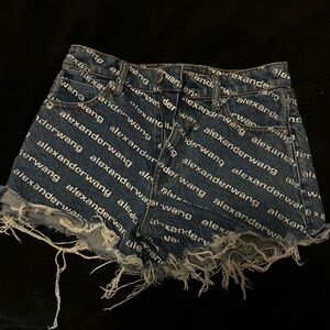 Alexander Wang Navy Logo-Print Distressed Denim Shorts